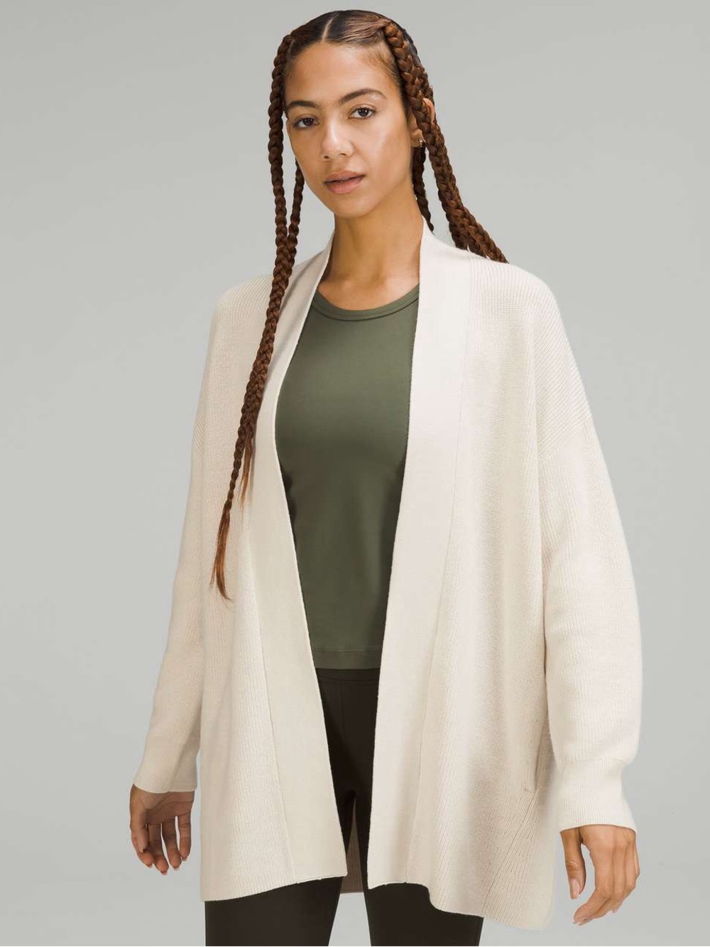 Lululemon Merino Wool-Blend Ribbed Long Wrap Sweater White Opal Cardigan Size 10